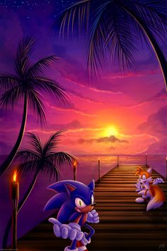 sonic the hedgehog is going down some stairs in front of an orange and purple sunset