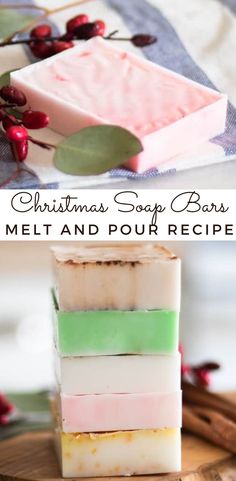 three bars of soap sitting on top of a wooden cutting board next to some berries