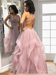 Length : Floor-LengthFabric : TulleSilhouette : A-line/PrincessStraps Sleeves : SleevelessNeckline : V-neckBack Style : Crossed StrapsWaist Style : NaturalBuilt In Bra : Yes Js Prom Dress, Js Prom, Prom Dress Pink, Ruffle Prom Dress, Pink Ball Gown, Cheap Prom Dresses Long, Prom Dresses Long Pink, Princess Prom Dresses, Backless Evening Dress