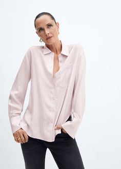 Pocket flowy shirt - Women | MANGO USA Cheap Oversized Blouse For Office, Plus Size Mango, Popover Shirt Women, Linen Shirts Women Office, Flowy Shirt, Flowy Dress, Dress Shirts, Types Of Collars, Pastel Pink