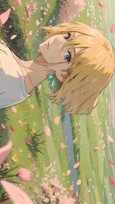 a girl with blonde hair and blue eyes standing in the grass next to pink flowers