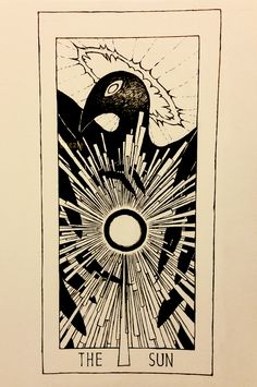 a black and white drawing of a bird with the sun in it's center