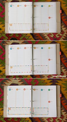 three open notebooks sitting next to each other on a colorful carpeted surface with circles and dots