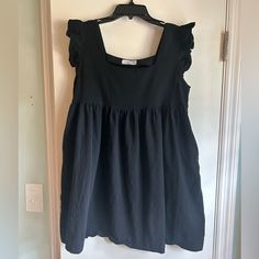 New, Never Worn, Cjla Tess Dress, Size Medium, Has Pockets Black Square Neck Sundress, Black Square Neck Mini Dress For Vacation, Black Ruffled Sundress For Brunch, Black Square Neck Mini Dress For Daywear, Black Square Neck Dress For Vacation, Carly Jean Los Angeles, I Feel Pretty, Feel Pretty, Smock Dress