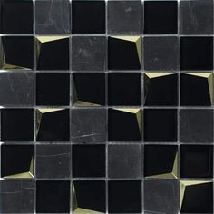 a black and gold mosaic tile with metallic squares