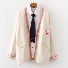 Cartoon Embroidered Bunny Loose Knit Cardigan Sweater · Harajuku fashion · Online Store Powered by Storenvy Embroidered Bunny, Loose Knit Cardigan, Halter Dress Short, White Shirt Blouse, Long Sleeve Knitted Cardigan, Knit Cardigan Sweater, Loose Knit, Kawaii Clothes, Harajuku Fashion