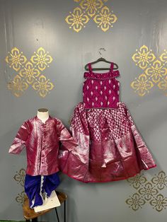 Majenta Skirt, Unstitched Blouse Set For Celebration With Traditional Drape, Fitted Banarasi Silk Sets For Puja, Celebration Sets With Unstitched Blouse And Traditional Drape, Pink Banarasi Silk Set With Traditional Drape, Party Traditional Wear With Traditional Patterns, Traditional Drape Sets For Diwali Puja, Traditional Drape Sets For Puja And Diwali, Traditional Drape Sets With Self Design For Festivals