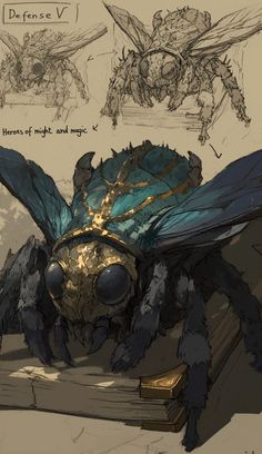 a drawing of a blue and gold insect