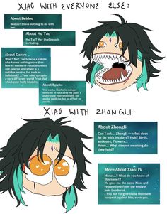 an anime character's face with different facial expressions and hair styles, as well as text