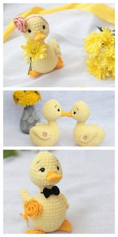 crocheted ducks with flowers in their beaks, sitting next to each other