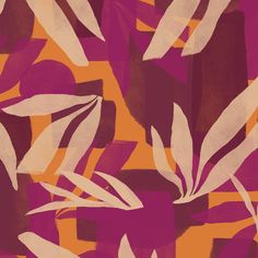 an orange and purple abstract painting with leaves