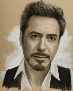 a drawing of iron man in black and white shirt looking at the camera with an intense look on his face