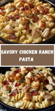 two pictures of pasta with chicken and bacon