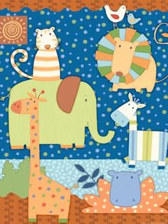 an image of children's artwork with animals and giraffes in the background