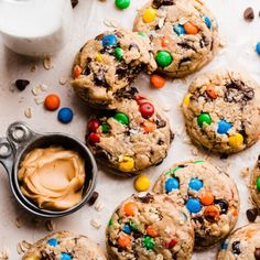 chocolate chip cookies with m & m candy and peanut butter