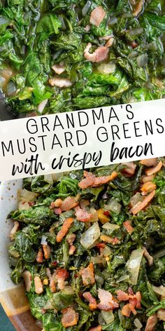 These old fashioned Mustard Greens with Bacon make the best quick, healthy side dish! Learn how to cook mustard greens perfectly just like grandma used to make with this step-by-step guide. Low-carb tips help make this southern side dish one that the whole family can enjoy! Great side for pork chops, fried chicken, fritters, and more.