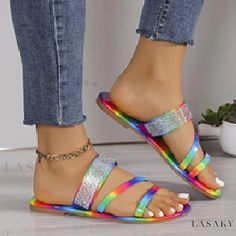 Lasaky - Rhinestone-Studded Flat Sandals in Rainbow Colors - A Glittering Find Sandals Patterns, Criss Cross Sandals, Rhinestone Flats, Chic Type, Light Weight Shoes, Fashion Sandals, Womens Sandals Flat, Beach Shoes, Women's Summer Fashion