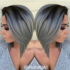 Dark roots and grey hair Blond Cenușiu, Silver Ombre Hair, 2023 Hair, Angled Bob, Short Hair Color, Ombre Hair Color, Grey Hair Color, Hair Tips, Grey Hair