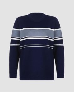 Details: Long-sleeve jumper with stripes designTop Length: NormalSleeve Length: Long SleevesMaterials:95% Polyester + 5% Spandex Blue Crew Neck Sweater With Horizontal Stripes, Casual Blue Sweater With Contrast Stripes, Blue Horizontal Stripe Long Sleeve Top, Blue Long Sleeve Tops With Horizontal Stripes, Blue Long Sleeve Top With Horizontal Stripes, Blue Striped Long Sleeve Top, Blue Winter Sweater With Striped Cuffs, Navy Horizontal Stripe Crew Neck Top, Blue Horizontal Stripe Crew Neck Tops