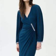 Brand: Joseph Ribkoff Style: 224046 Color: Nightfall Fabric: Ity, Chiffon Composition: 96% Polyester, 4$ Spandex Elegant Turquoise Evening Dress, Elegant Turquoise Long Sleeve Dress, Elegant Long Sleeve Turquoise Dress, Elegant Turquoise Cocktail Dress, Elegant Fitted Turquoise Evening Dress, Side Dress, Joseph Ribkoff Dresses, Knit Wrap Dress, Formal Cocktail Dress