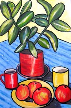 a painting of a potted plant on a table with two cups and saucers