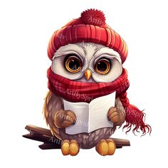 an owl wearing a red hat and scarf is reading a book