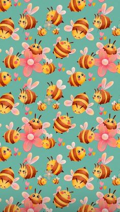 a blue background with many bees and flowers on the bottom, one has a pink flower in