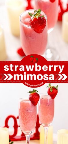 strawberry mimosa with strawberries on the rim and two glasses filled with it