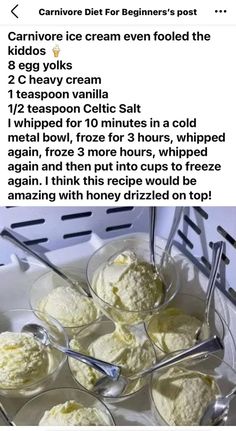 an image of ice creams in bowls with spoons on the side and instructions for how to make them