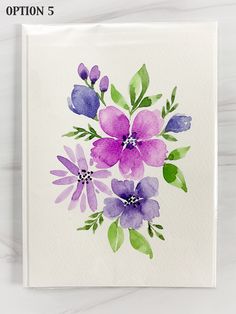 a watercolor painting of purple and green flowers on a white background with the words, option 5