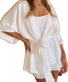 Chic White Wedding Sleepwear, Elegant Solid Color Summer Sleepwear, Elegant Spring Wedding Night Sleepwear, Summer Wedding Satin Robe, White Satin Wedding Sleepwear, Elegant Spring Sleepwear For Wedding Night, Summer Wedding Satin Sleepwear, Spring Wedding Satin Sleepwear, Chic Satin Robe For Wedding Night