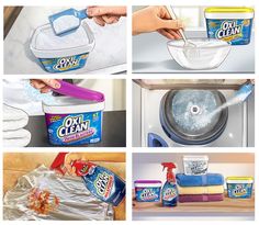 four pictures showing how to clean an oven with dishwasher detergent and cleaning products