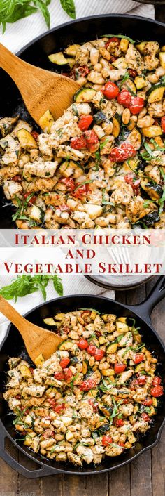 two pans filled with italian chicken and vegetable skillet on top of a wooden table