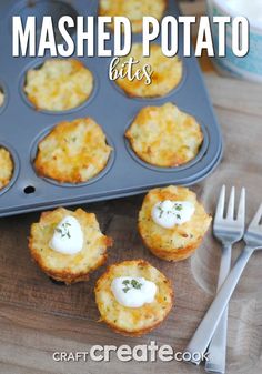 mini mashed potato bites in a muffin tin on a wooden table with silverware