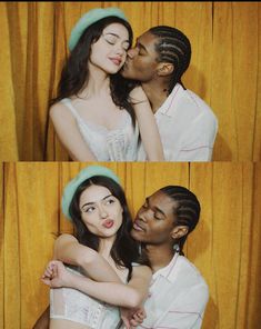 two photos of a man and woman kissing each other