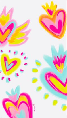 colorful hearts and wings are painted on a white background with blue, yellow, pink, red