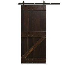 an open wooden door with metal bars on the top and bottom, against a white background