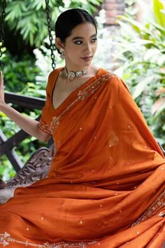 Shop for Deepthee Orange Silk Floral Embroidered Saree With Blouse for Women Online at Aza Fashions Orange Silk Saree, Floral Saree, Sequin Sleeve, Embroidered Saree, Blouse For Women, Silk Embroidery, Saree With Blouse, Blouse Online, Saree Blouse