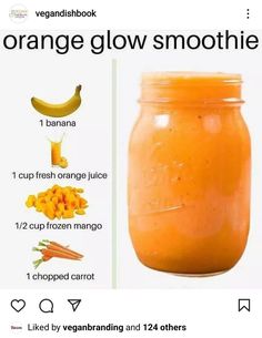 an orange smoothie in a mason jar with instructions to make it and how to use it