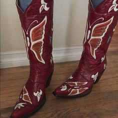 Corral Butterfly Inlay Red Leather Cowboy Boots Beautiful And Well Made Quality Speaks For Itself! Butterfly And Flower Inlay Detailing Red, Teal And White Genuine Leather Size 8.5 8 1/2 To 9 Fit Range Worn A Few Times Original Box And Packaging Stagecoach, Coachella, Festival, Western, Gunne Sax, Prairie, Cottagegore, Gypsy, Hippie Boots, Cowgirl, Costume, Halloween Cowgirl Costume Halloween, Hippie Boots, Butterfly And Flower, Boots Cowgirl, Cowgirl Costume, Coachella Festival, Gunne Sax, Leather Cowboy Boots, Costume Halloween