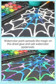 two pictures with different colored chalks on them and the words watercolor paint spreads like magic on this dried glue and salt watercolor spiderweb