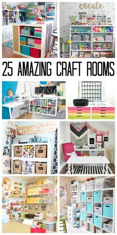 some shelves with different types of crafting items on them and the words 25 amazing craft rooms