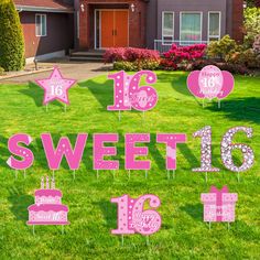 pink sweet 16 birthday cake toppers and decorations on grass in front of a house