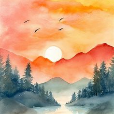 a watercolor painting of trees and mountains at sunset