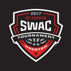 the swac tournament logo is shown in red, white and gray on a black background