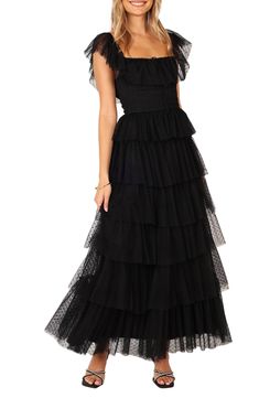 A romantic Swiss-dot tulle maxi dress awash in dreamy ruffles features a dainty keyhole tie, fluttery sleeves and cascading tiers. Slips on over head Square neck Cap sleeves Lined 100% nylon Hand wash, dry flat Imported Solid Midi Dress, Tulle Midi Dress, Tulle Maxi Dress, Black Tie Wedding Guests, Rush Dresses, Usa Dresses, Black Tulle, Tiered Maxi Dress, Women Maxi