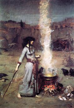 a painting of a woman standing next to a pot with fire coming out of it