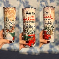 three shots of a person holding up a christmas themed coffee cup with the words, this is my heart, i hope, and fire truck on it