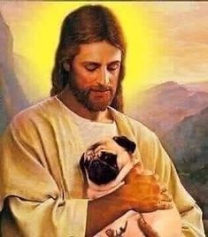 a painting of jesus holding a pug in his arms