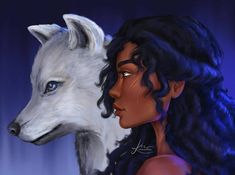 a painting of a woman with blue eyes and a white wolf's head next to her